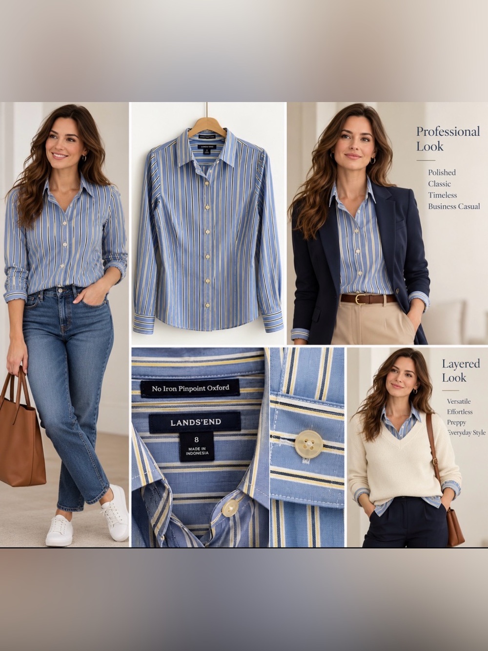 Lands' End Blue and White Striped Women's Oxford Sz 8